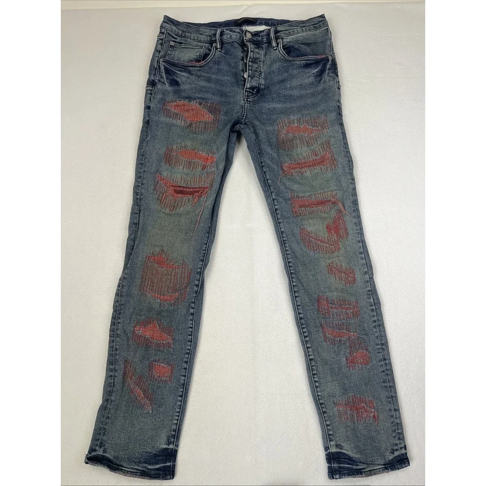 Purple Brand P001 Contrast Weft Blowout Jeans Mens 36 Blue Distressed Slim Leg